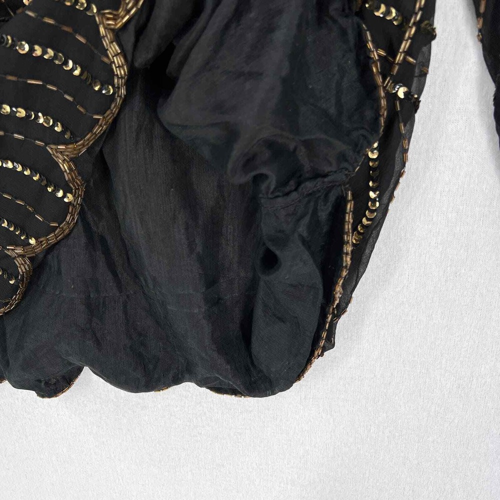 VINTAGE 80s Sequin Top Women Small Black Gold Beaded Silk Party Blouse Disco - Picture 13 of 16